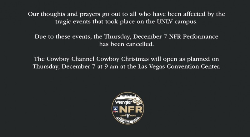 Las Vegas Events and Professional Rodeo Cowboys Association Announce Cancellation of First Rodeo Performance Scheduled for Thursday, Dec. 7